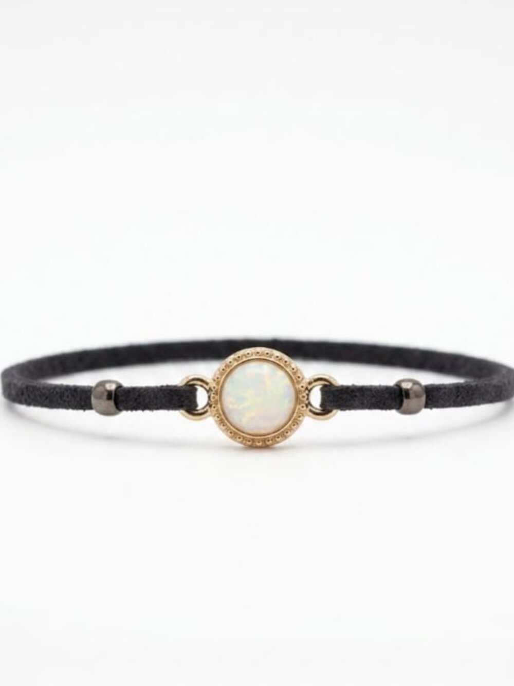 Round Opal Charm Black Microfiber Cord Bracelet Gold Accent #276